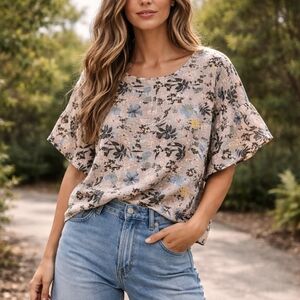 Viola Borghi Linen Boxy Top Beige Floral Boho Coastal Made In Italy Women's Sz S